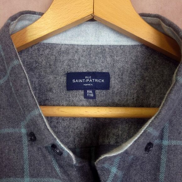 Rue Saint-Patrick Plaid Flannel Long Sleeve Button Down Shirt Gray Blue Size XXL - Picture 2 of 6